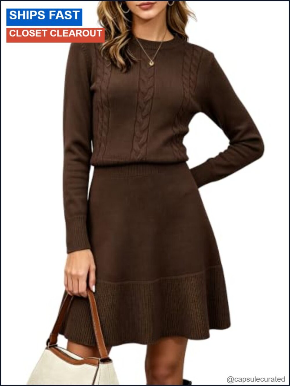 Cable Knit Sweater Dress High Waist A-Line Long Sleeve Mini Dress